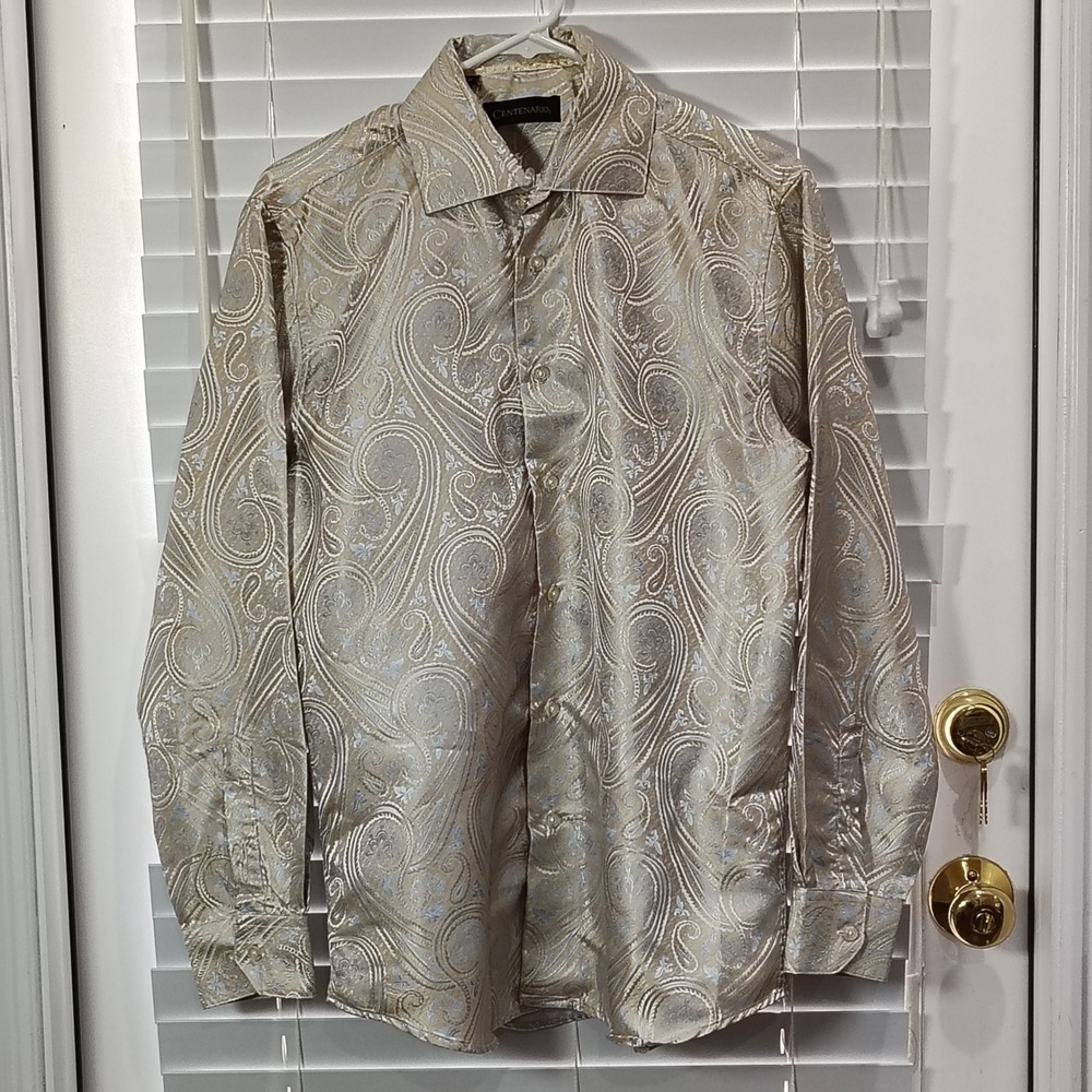 Centenario Paisley Dress Shirt Mens Medium Gold Blue Formal Wedding Groom Prom